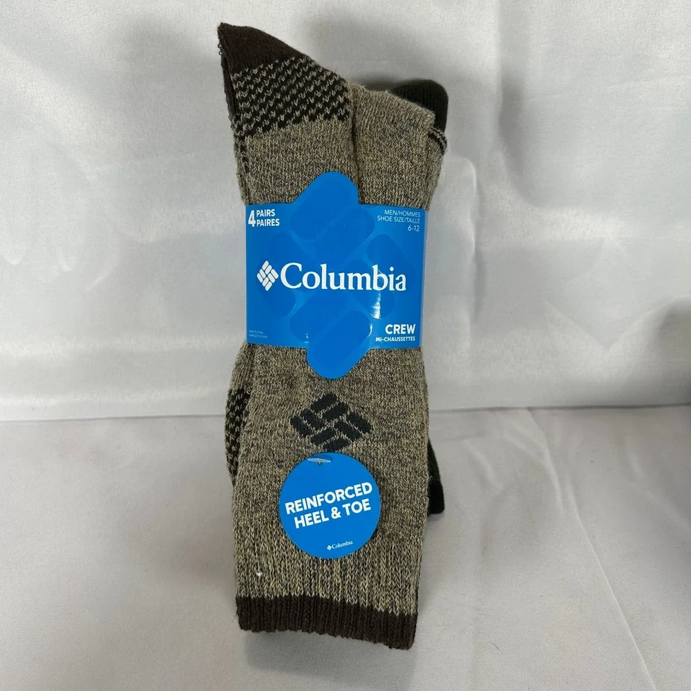 Columbia Mens Crew Socks 4 Pairs Green Tan Brown Reinforced Heel Toe Size 6-12